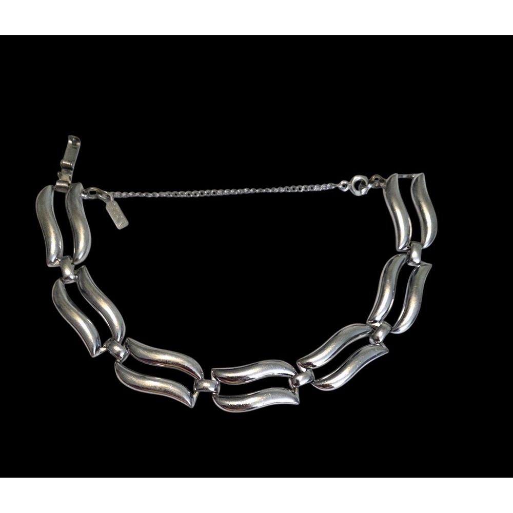 Vintage MONET Wavy Link Silver Tone Bracelet Safety Chain 7" 1950'S Jewelry